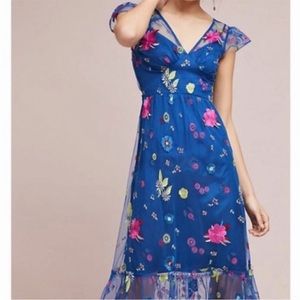 Anthropologie Embroidered Topaz Dress  By Tracy Reese Blue Floral